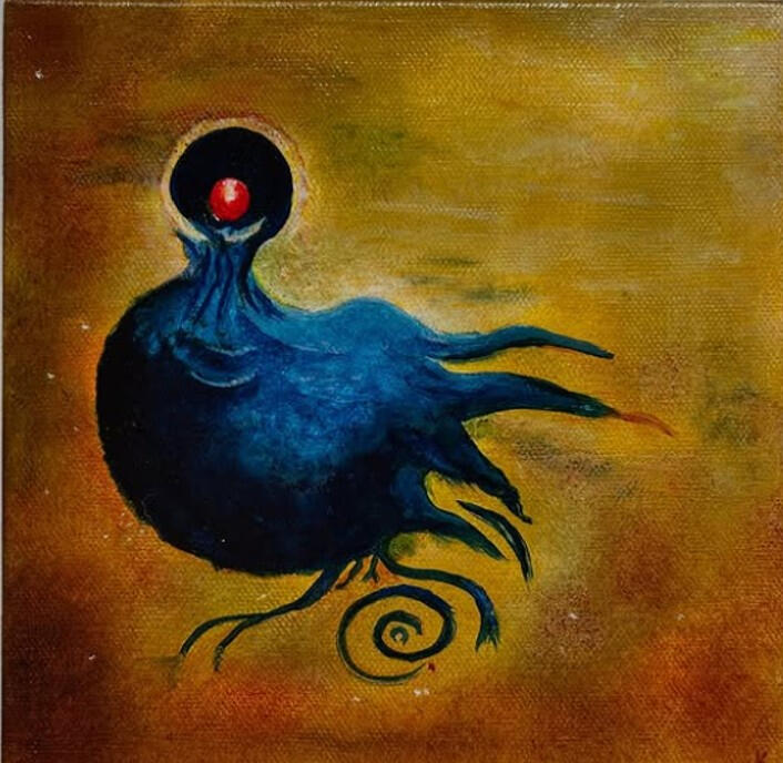 Blue bird painting, oil on canvas, stylised bird with flowing forms on warm ochre background