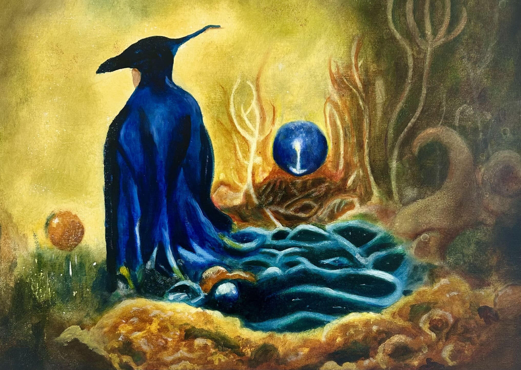 Surreal landscape with symbolic blue figure