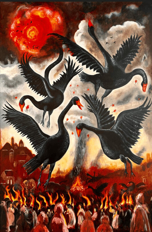 Black swan oil painting, dramatic