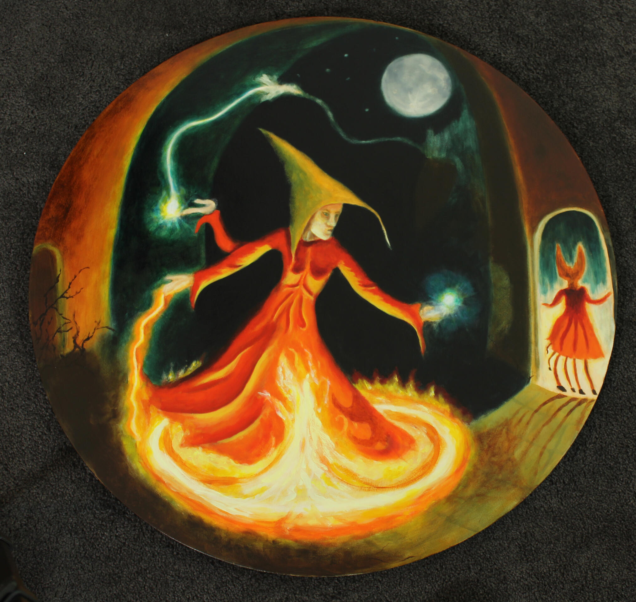 Circular oil painting of a witch
